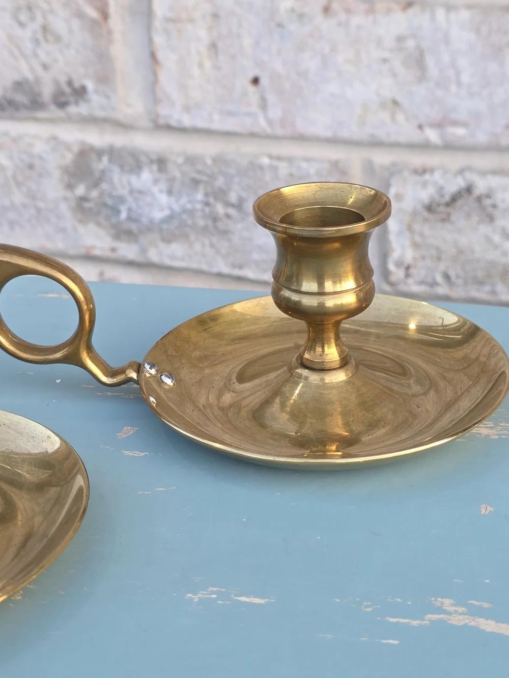 Vintage Brass Chamberstick Candle Holders Pair Finger Loop